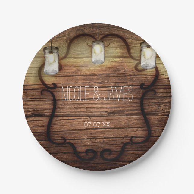 Rustikales Land Wood & Lighted Mason Jars Wedding Pappteller (Vorderseite)