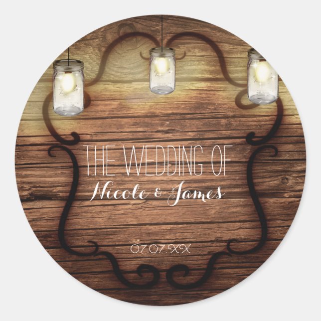 Rustikales Land Wood & Lighted Mason Jars Wedding Runder Aufkleber (Vorderseite)