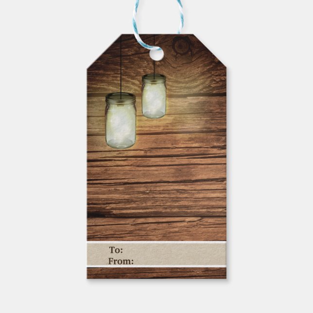 Rustikales Land Wood Mason Jar Lights Gastgeschenk Geschenkanhänger (Vorderseite)