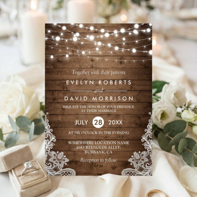 Rustikales Land Wood Twinkle Lights Hochzeit Einladung (Von Creator hochgeladen)