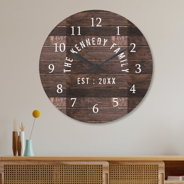 Rustikales Landhaus Familienname Holz Große Wanduhr (Rustic Country Farmhouse Family Name Wood Large Clock)