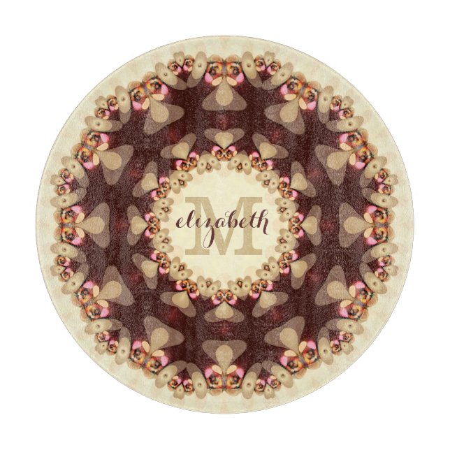 Rustikales Landhaus Mandala Individuelle Name Rund Schneidebrett (Vorderseite)