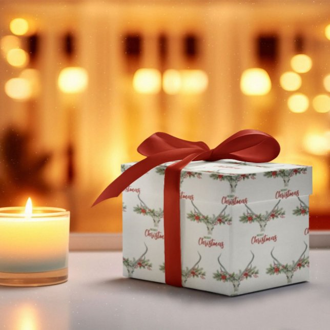 Rustikales Landhaus Rentier Skull & Garland Weihna Geschenkpapier (Von Creator hochgeladen)