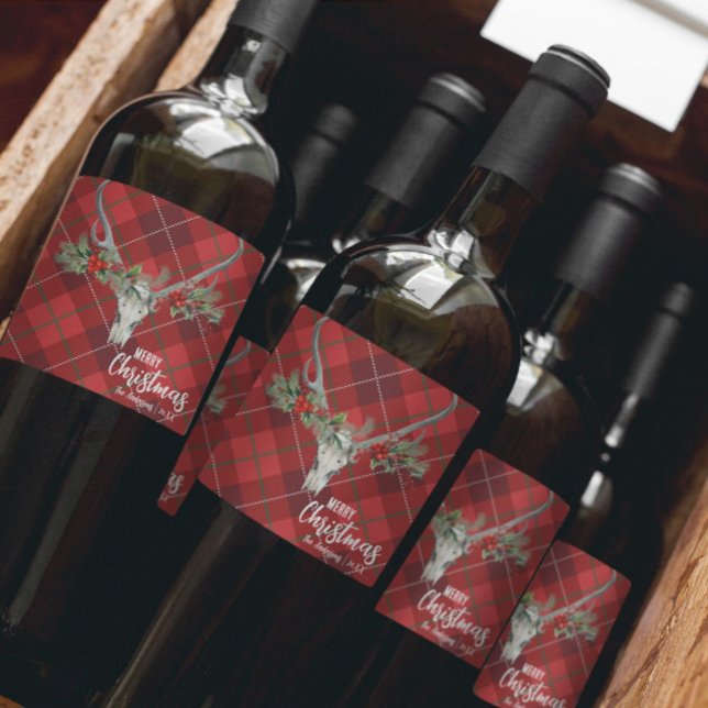 Rustikales Landhaus Rentier Skull & Garland Weihna Weinetikett (Von Creator hochgeladen)