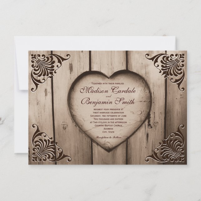 Rustikales Landherz Barnholz Hochzeitseinladungen Einladung (Vorderseite)