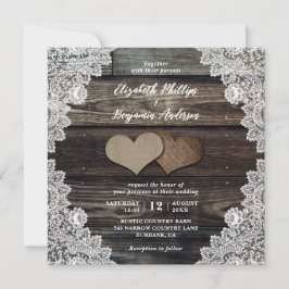 Rustikales Landholz Lace Burlap Hearts Wedding Einladung
