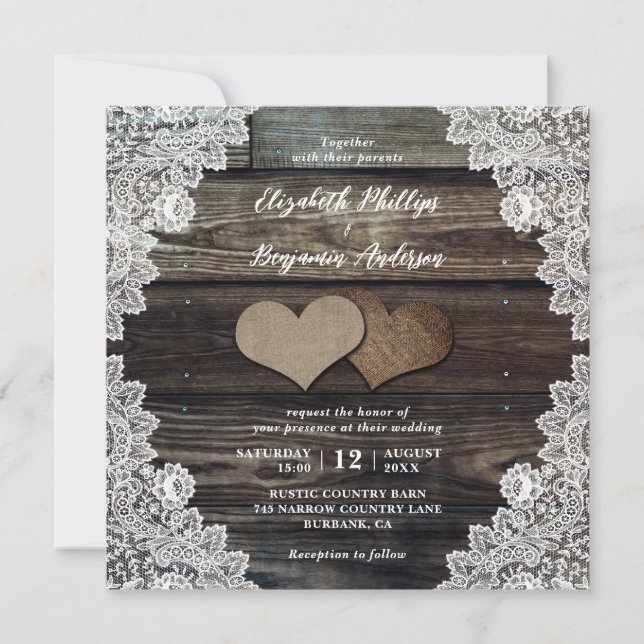 Rustikales Landholz Lace Burlap Hearts Wedding Einladung (Vorderseite)