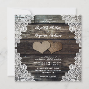 Rustikales Landholz Lace Burlap Hearts Wedding Einladung