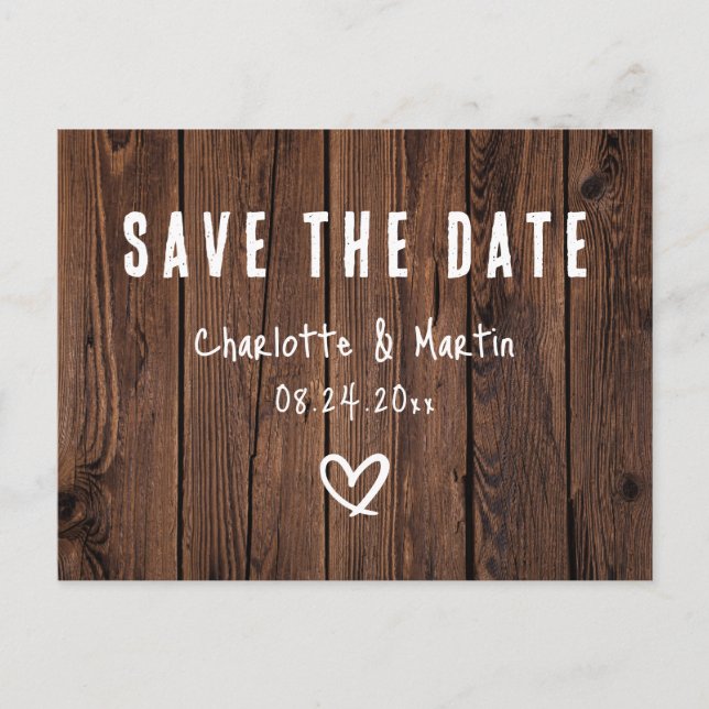 Rustikales Landholz Save the Date Postkarte (Vorderseite)