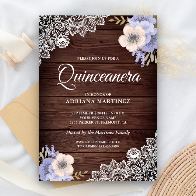 Rustikales Landholz Spitzen Lila Blumenquinceanera Einladung (Von Creator hochgeladen)
