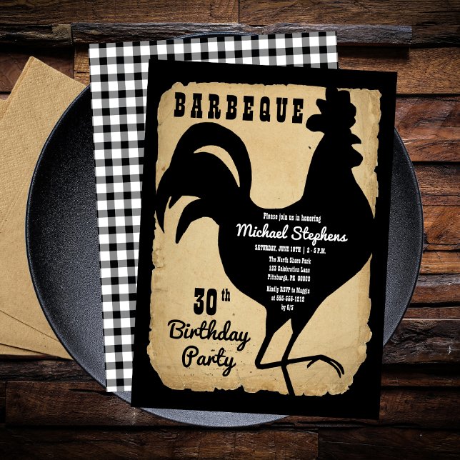 Rustikales Landhühnchen GRILLEN 30. Geburtstag Par Einladung (Rustic Country Rooster Chicken BBQ 30th Birthday Party Invitation)
