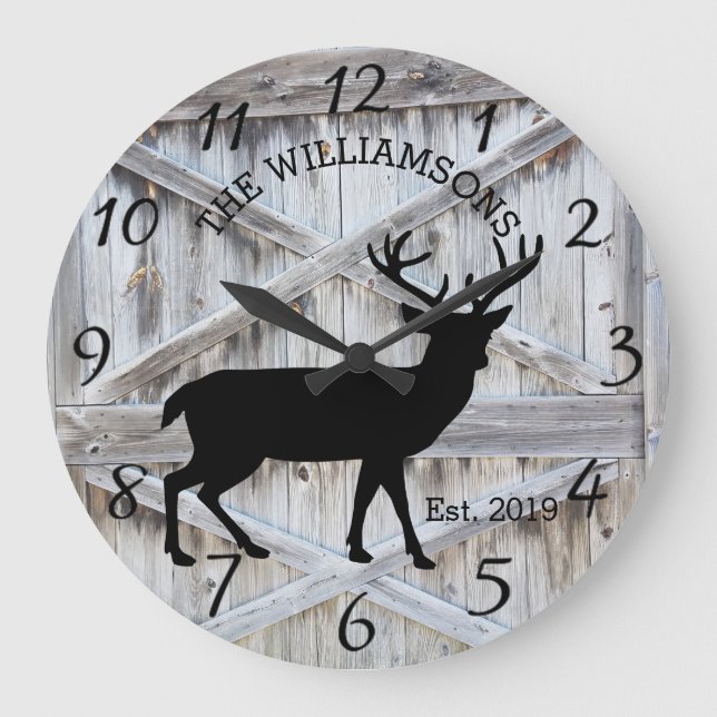 Rustikales Landwald Bauernhaus Hirsch mit Antlern Große Wanduhr (Vorderseite)