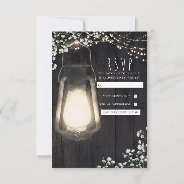 Rustikales Lantern Gipskraut & Lights Wedding RSVP Karte (Vorderseite)