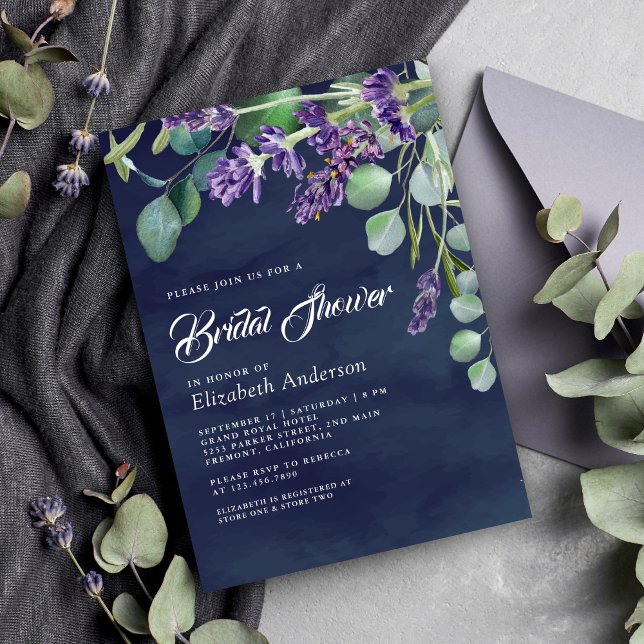 Rustikales Lavendel Eucalyptus Navy Blue Brautpart Einladung (Von Creator hochgeladen)