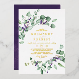 Rustikales Lavendel Goldfolie Kasuelle Hochzeit Folieneinladung