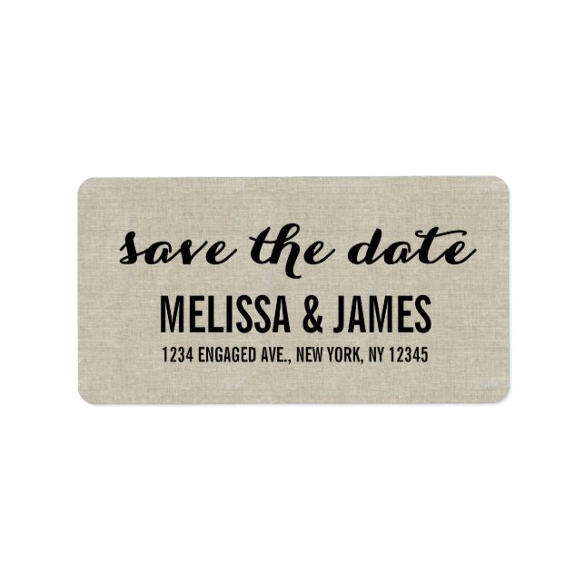 Rustikales Leinen-Script Save-the-Date Adressaufkleber (Vorne)
