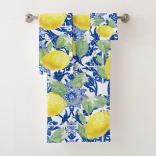 Rustikales Lemons und blaue Flora Badhandtuch Set