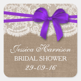 Rustikales Lila Bow, Burlap & Lace Brautparty Quadratischer Aufkleber