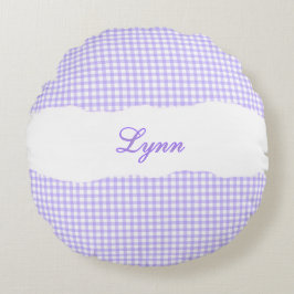 Rustikales lila Gingham mit personalisiertem Namen Rundes Kissen