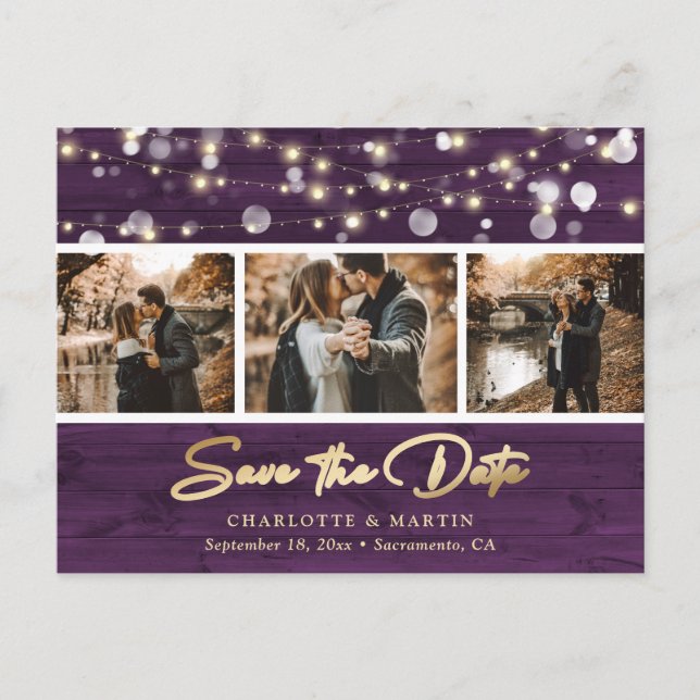 Rustikales Lila GoldWedding-Foto Save the Date Ankündigungspostkarte (Vorderseite)