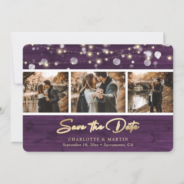 Rustikales Lila Holz Hochzeitsstich Foto Save the  Save The Date (Vorderseite)