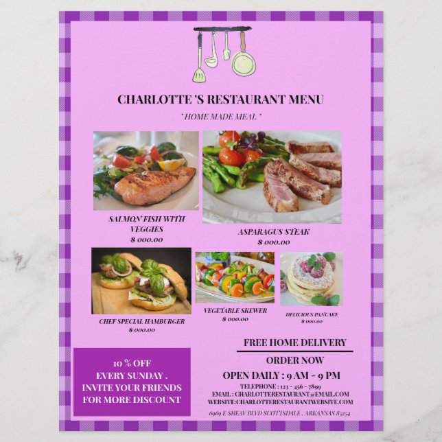 Rustikales Lila Kariertes Restaurant Menü (Vorne)