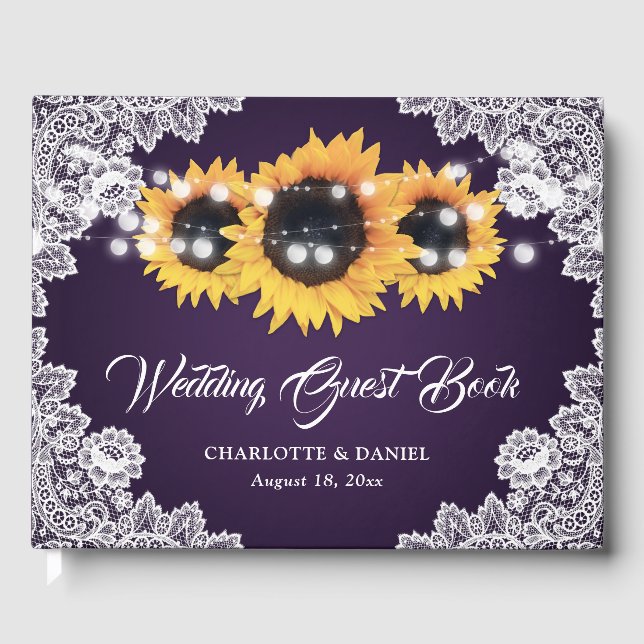Rustikales Lila Lace Sunflower Wedding Gästebuch (Vorderseite)