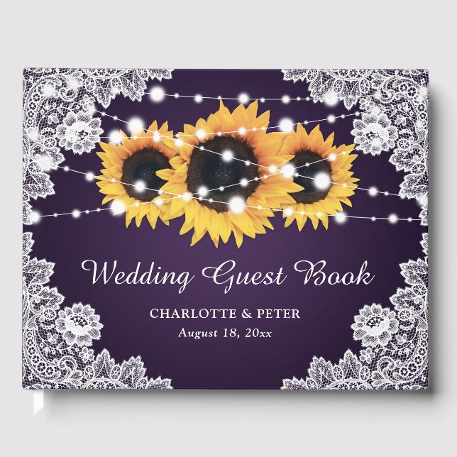 Rustikales Lila Lace Sunflower Wedding Gästebuch (Vorderseite)