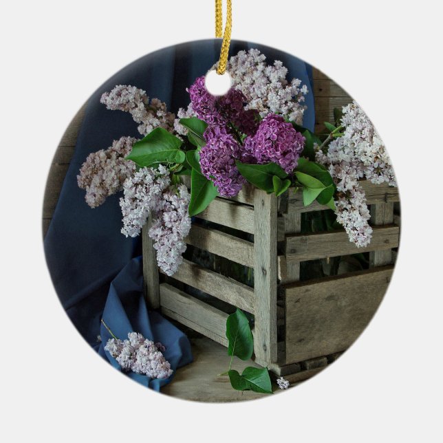 Rustikales Lila und weißes Lilacs Blumenkohl Foto Keramik Ornament (Vorne)