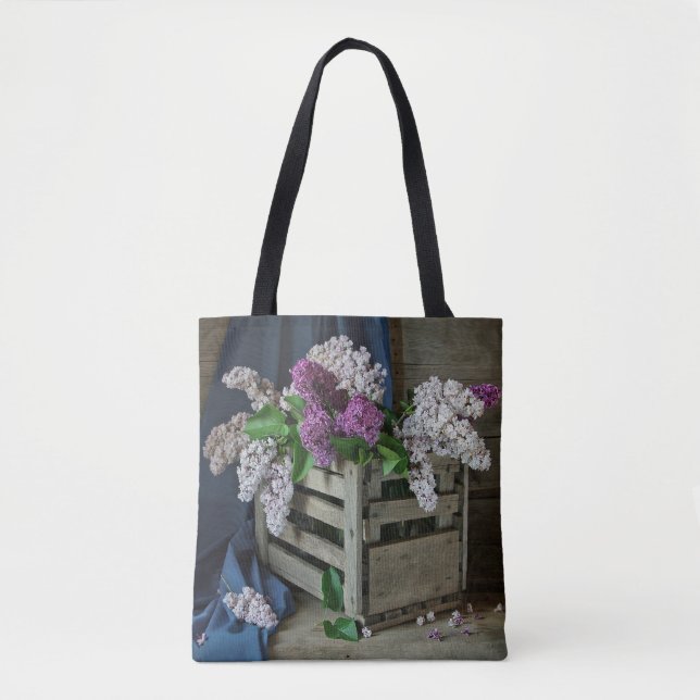 Rustikales Lila und weißes Lilacs Blumenkohl Foto Tasche (Vorderseite)