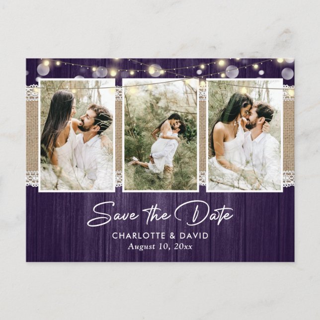 Rustikales Lila Wedding Foto Save the Date Ankündigungspostkarte (Vorderseite)