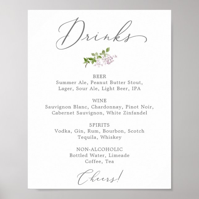 Rustikales Lilac Wedding Drink Menü Zeichen Poster (Vorne)