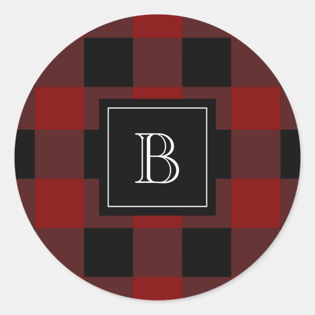 Rustikales Lumberjack Buffalo Kariert Monogram Ini Runder Aufkleber (Vorderseite)