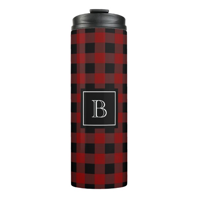 Rustikales Lumberjack Buffalo Kariert Monogram Ini Thermosbecher (Vorderseite)