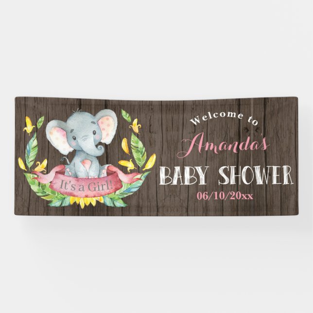 Rustikales Mädchen Elephant Babydusche Rosa und Gr Banner (Horizontal)