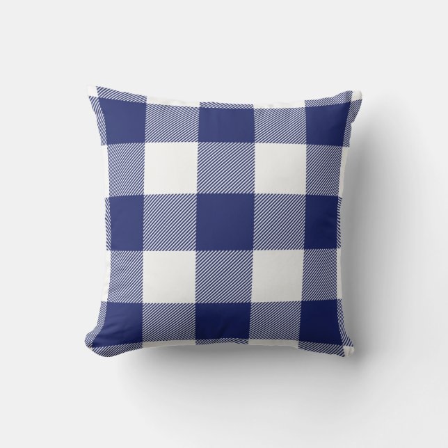 Rustikales Marine-Blau-Büffel-Karo-Muster Kissen (Vorderseite)