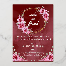 Rustikales Maroon Winter Wedding Floral Foil Einla Folieneinladung