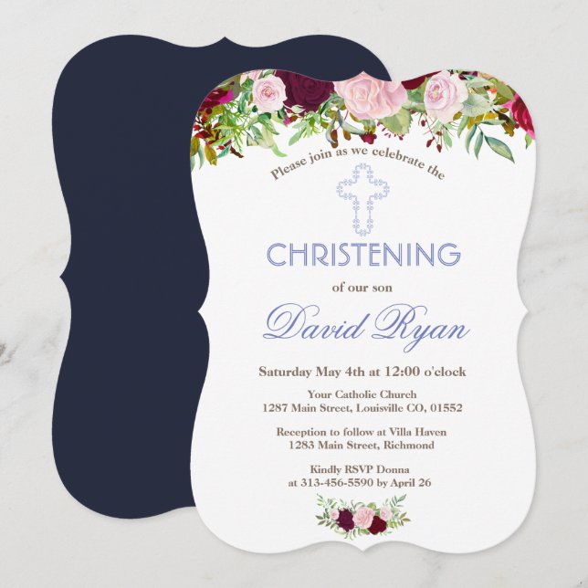 Rustikales Marsala Floral Christening Einladung (Vorne/Hinten)