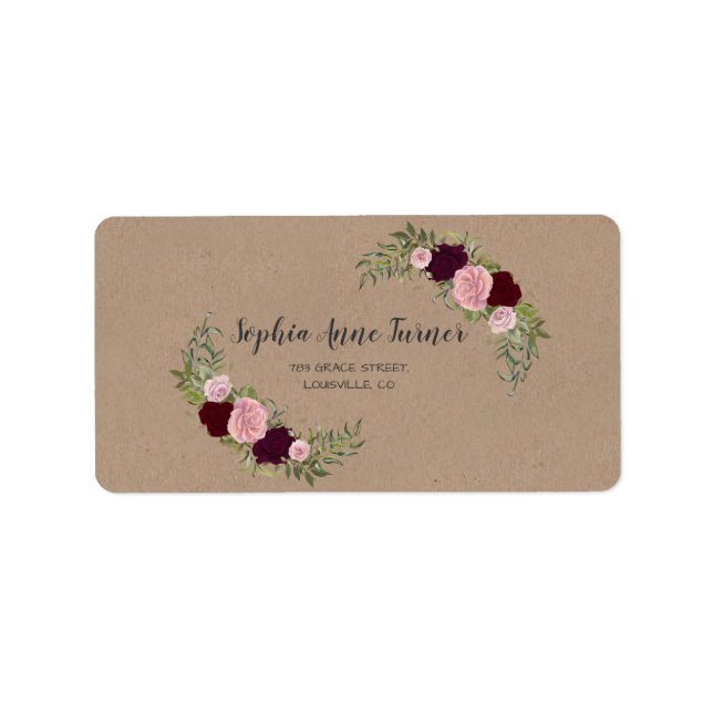Rustikales Marsala Floral Craft Papier Hochzeit Adressaufkleber (Vorne)