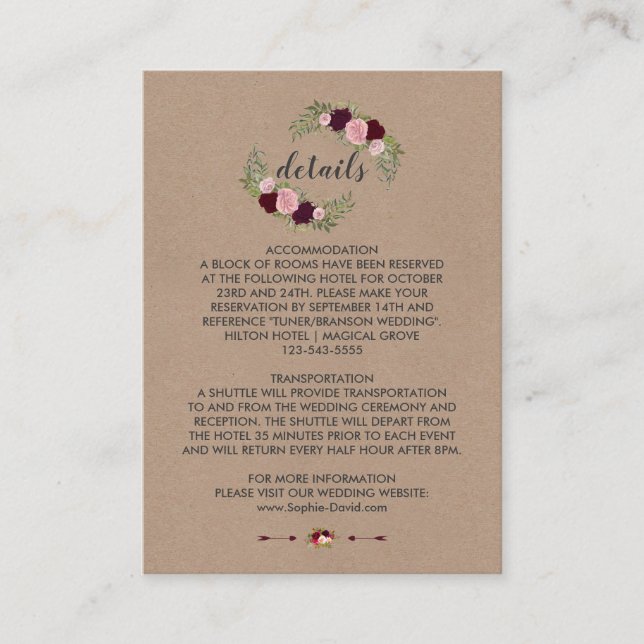 Rustikales Marsala Floral Craft Papier Hochzeit De Begleitkarte (Vorderseite)