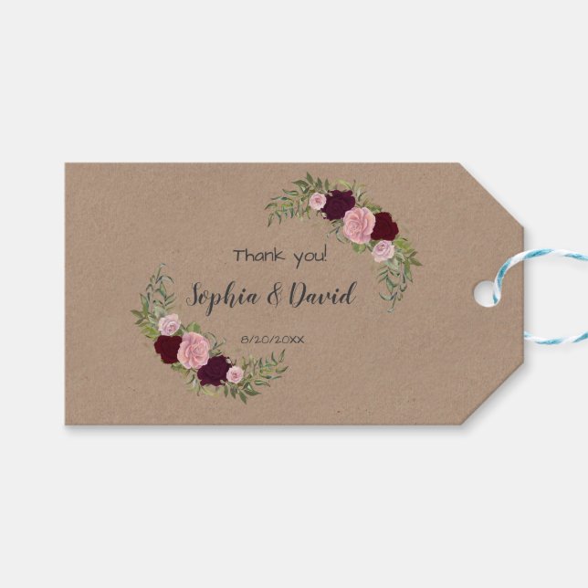 Rustikales Marsala Floral Craft Papier Hochzeit Geschenkanhänger (Vorderseite (Horizontal))