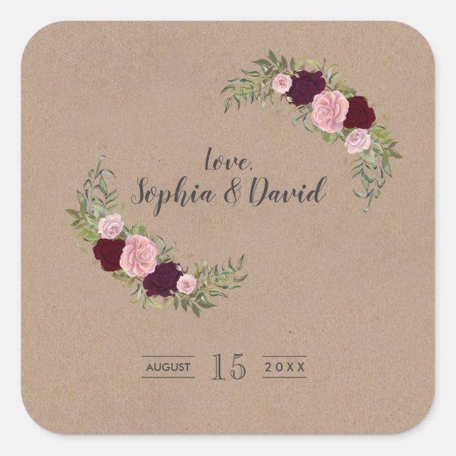 Rustikales Marsala Floral Craft Papier Hochzeit Quadratischer Aufkleber (Vorderseite)
