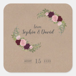 Rustikales Marsala Floral Craft Papier Hochzeit Quadratischer Aufkleber