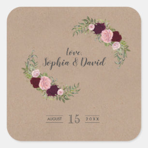Rustikales Marsala Floral Craft Papier Hochzeit Quadratischer Aufkleber