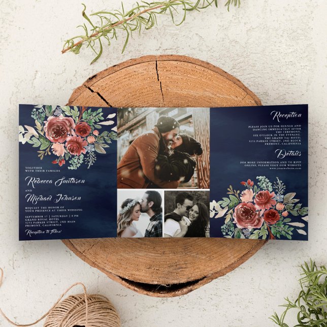 Rustikales Marsala Floral Navy Blue Wedding Dreifach Gefaltete Einladung (Von Creator hochgeladen)
