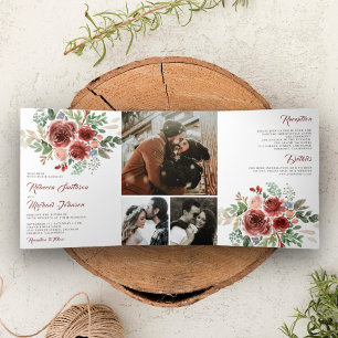 Rustikales Marsala Floral Wedding Dreifach Gefaltete Einladung