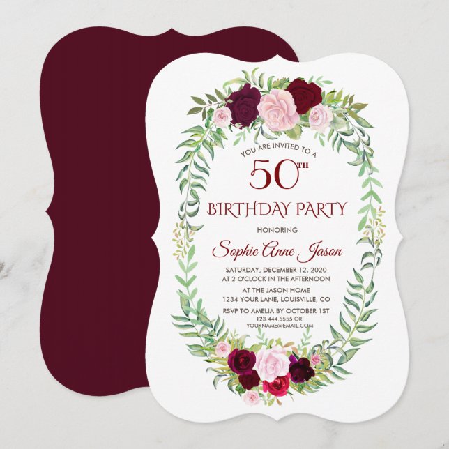 Rustikales Marsala Floral Wreath 50. Geburtstag Einladung (Vorne/Hinten)