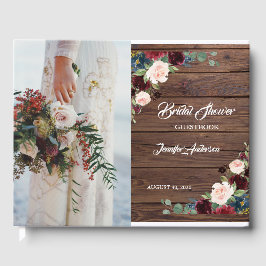 Rustikales Marsala Wood Floral Brautparty Gästebuch
