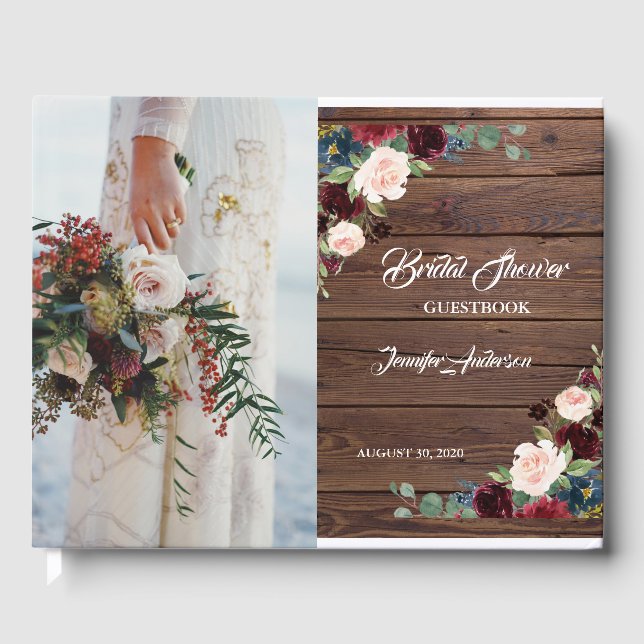 Rustikales Marsala Wood Floral Brautparty Gästebuch (Vorderseite)