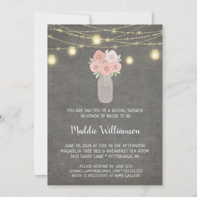 Rustikales Mason Jar Floral Lights Brautparty Einladung (Vorderseite)
